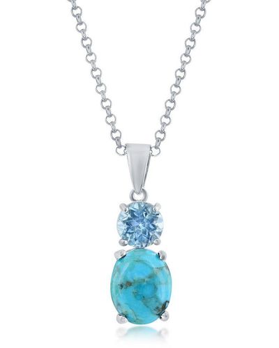 Simona Sterling Silver Oval Turquoise & Round Gem Pendant - Topaz - Blue