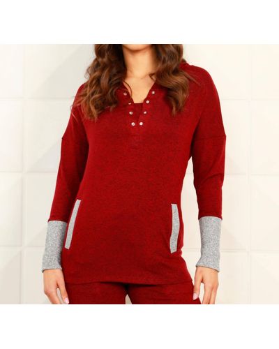 French Kyss Button Ribbed Hoodie With Pocket - Red