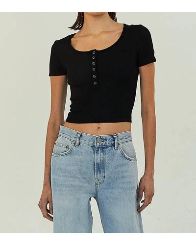The Range Ribbed Cropped Short Sleeve Henley Top - Black