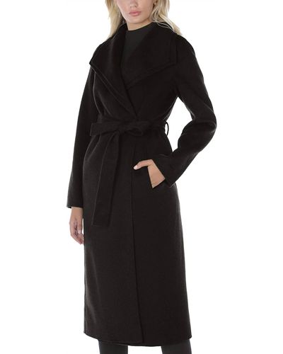 T Tahari Double Layered Collar Belted Wool Long Coat In Black