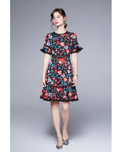 Kaimilan Black & Red & Blue Floral Print Day A-line Crewneck Juliet Short Sleeve Above Knee Dress