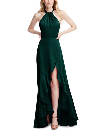 Social Bridesmaid Slit Polyester Halter Dress - Green
