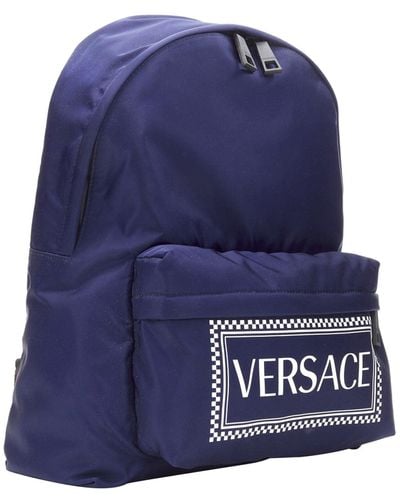 Versace New 90's Box Logo Navy Nylon Greca Strap Backpack - Blue