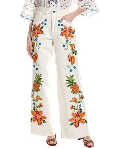 FARM Rio Embroidered Floral Twill Pant - White
