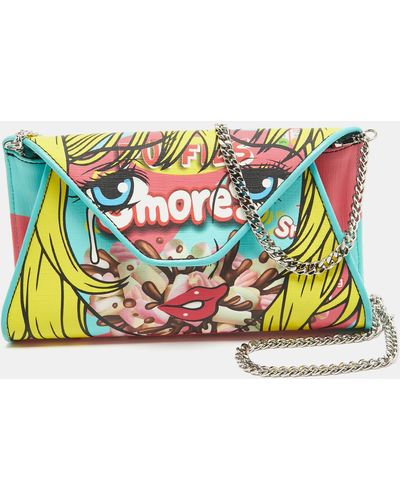 Moschino Color Coated Canvas And Leather Smores Chain Clutch - Blue