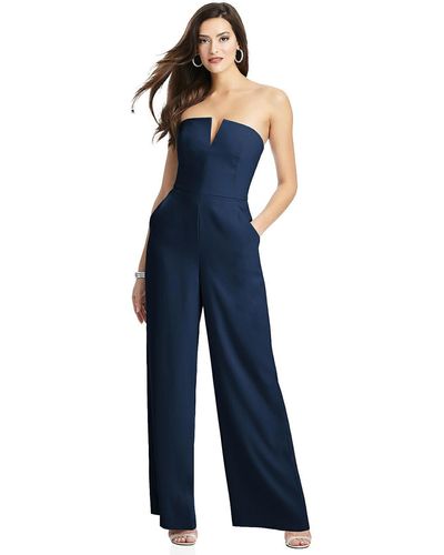 Dessy Collection Strapless Notch Crepe Jumpsuit With Pockets - Blue