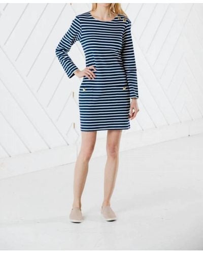Sail To Sable Stripe Long Sleeve Button Neck Dress - Blue