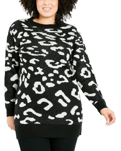 Evans Plus Leopard Print Long Pullover Sweater - Black