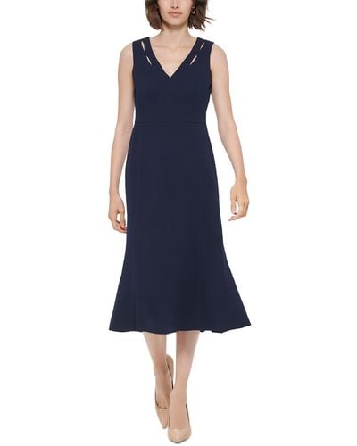 Calvin Klein V-neck A-line Midi Dress - Blue