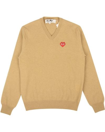 Comme des Garçons Play Tan Brown Heart V-neck Sweater - Natural