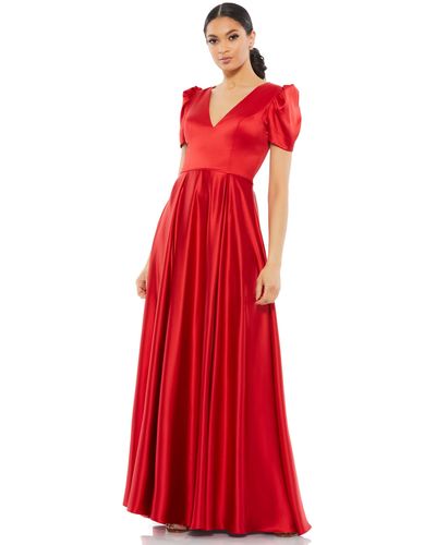 Ieena for Mac Duggal Puff Sleeve V-neck Satin Gown - Red