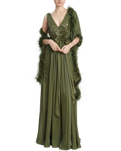 Badgley Mischka Sequin Feather Wrap Gown - Green