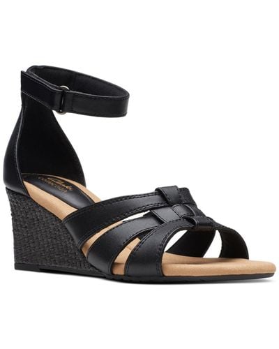 Clarks Kyarra Joy Leather Ankle Strap Wedge Sandals - Black