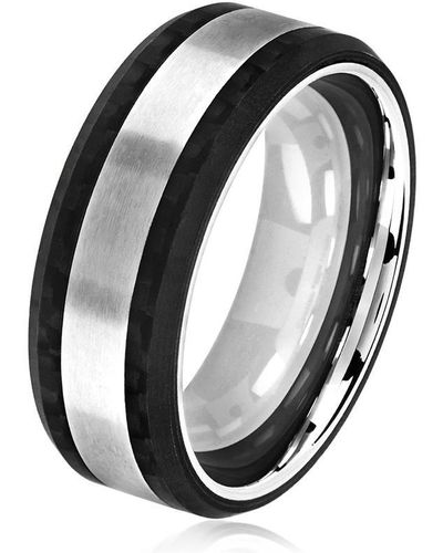 Crucible Jewelry Crucible Los Angeles Brushed Stainless Steel Carbon Fiber Beveled Comfort Fit Ring - Black