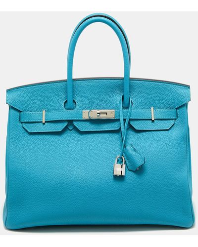 Hermès Turquoise Togo Leather Palladium Finish Birkin 35 Bag - Blue