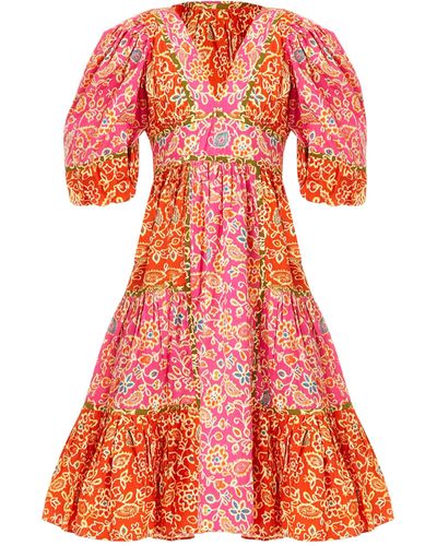 Love The Label Elise Puff Sleeve Flared Dress Alessandra Pink Print - Orange