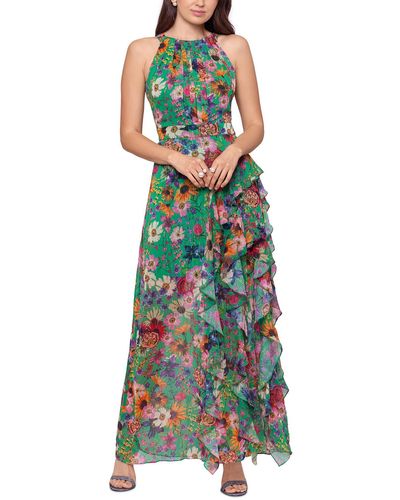 Betsy & Adam Ruffled Floral Halter Gown - Green