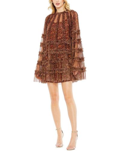 Mac Duggal Floral Print Long Flare Sleeve Mesh A-line Dress - Brown