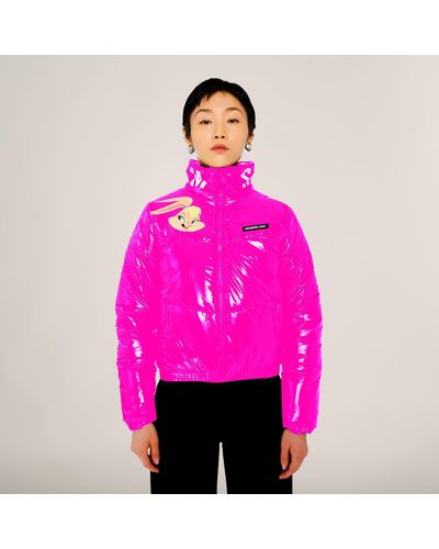 Members Only Space Jam High Shine Puffer With Printed Jacket - Pink