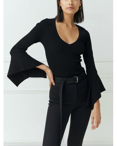 Autumn Cashmere Rib V Top With Rectangle Cuffs - Black