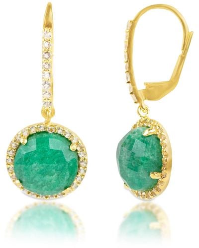 MAX + STONE 18k Gold Plated Genuine Emerald Round Cut Dangle Drop Earrings With White Topaz Accents - Green