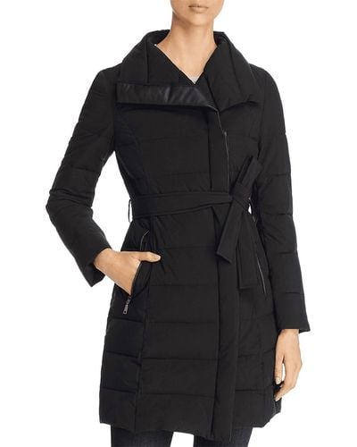 T Tahari Asymmetrical Belted Stand Collar Puffer Coat In Black