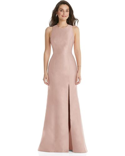 Alfred Sung Jewel Neck Bowed Open-back Trumpet Dress With Front Slit - Pink