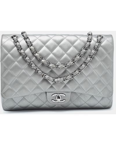 Chanel Quilted Leather Maxi Classic Double Flap Bag - Gray