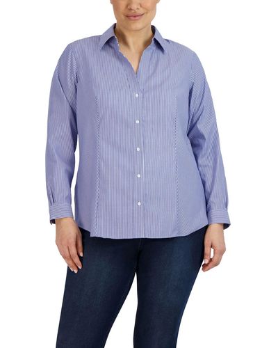 Jones New York Plus Size Striped Easy-care Button-up Shirt - Blue