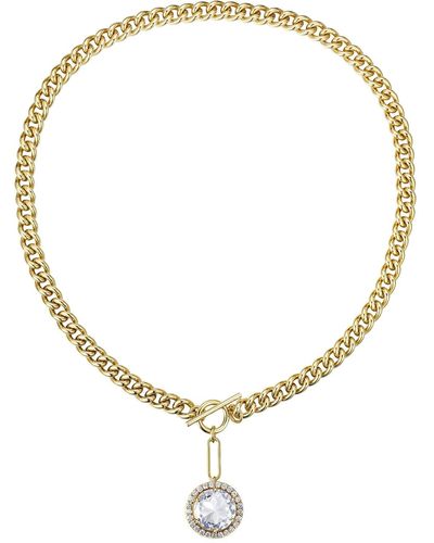 Rachel Glauber Rg 14k Gold Plated With Diamond Cubic Zirconia Cluster Drop Curb Chain Necklace W/ toggle Clasp - Metallic