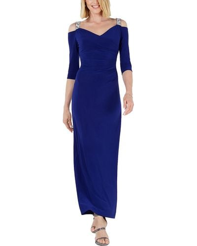 R & M Richards Rhinestone Ruched Evening Dress - Blue