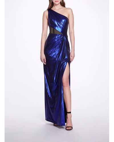 Marchesa Side Cut-out Foiled Gown - Blue