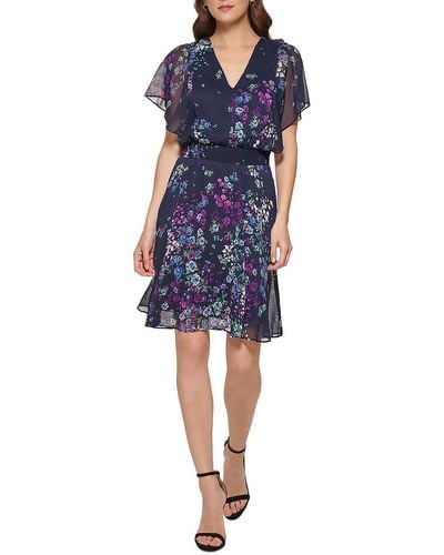 DKNY Floral Overlay Mini Fit & Flare Dress - Blue