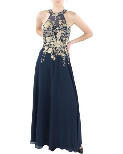 Betsy & Adam Petites Embroidered Long Evening Dress - Blue