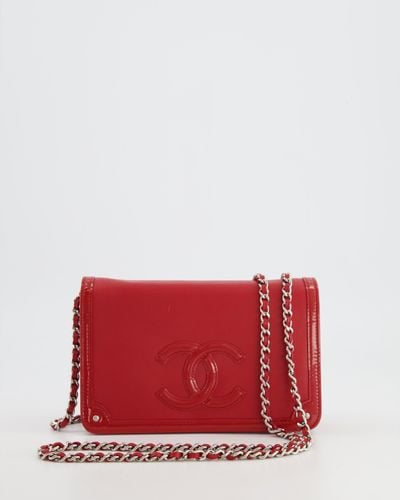 Chanel Lambskin And Patent Leather Cc Logo Wallet On Chain Bag With Silver Hardware - Red