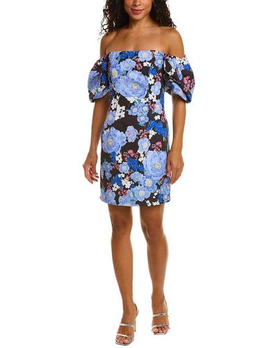 Zac Posen Floral-print Off-the-shoulder Woven Mini Dress - Blue