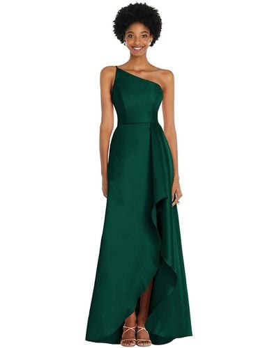 Alfred Sung One-shoulder Satin Gown With Draped Front Slit And Pockets - Green