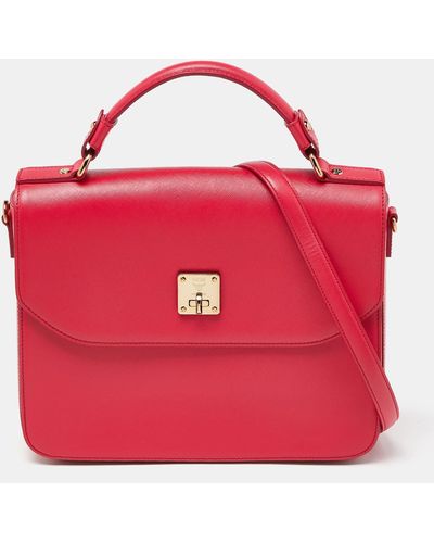 MCM Leather Turnlock Flap Top Handle Bag - Red