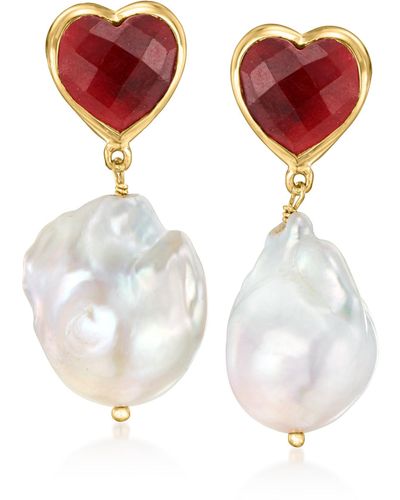 Ross-Simons 13-15mm Cultu Baroque Pearl And Ruby Heart Drop Earrings - Red