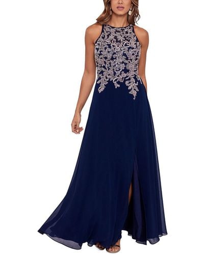 Betsy & Adam Petites Embroidered Maxi Evening Dress - Blue