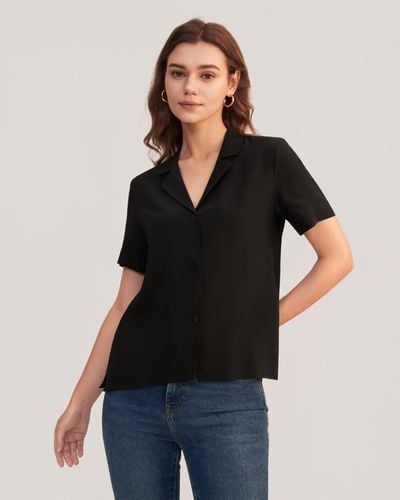 LILYSILK V Neck Half-sleeve Notch Silk Shirt - Black