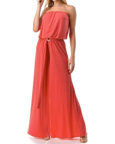 Ariella Solid Ring Belt Jumpsuit In Coral - Red