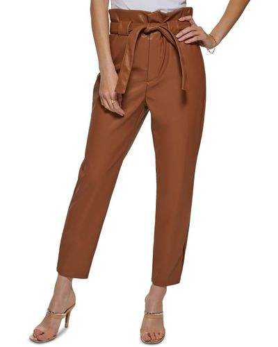 DKNY Petites Faux Leather High Waisted Trouser Pants - Brown