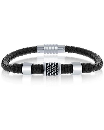 Black Jack Jewelry Stainless Steel Oxidized Rope Design Genuine Leather Bracelet - Black