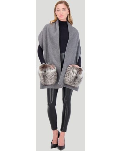 Gorski Wool Stole With Silver Fox Pockets - Gray