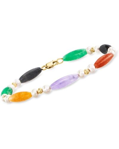 Ross-Simons 5x15mm Multicolored Jade Bead And 4-4.5mm Cultured Pearl Station Bracelet With 14kt Yellow Gold - Blue
