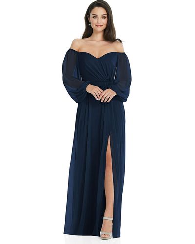 Dessy Collection Off-the-shoulder Puff Sleeve Maxi Dress With Front Slit - Blue