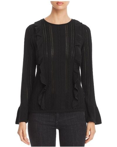 Design History Pointelle Ruffled Pullover Sweater - Black