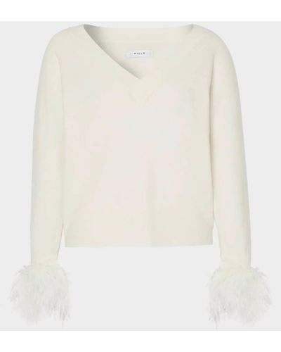 MILLY Feather Cuff V-neck Sweater In Ecru - White