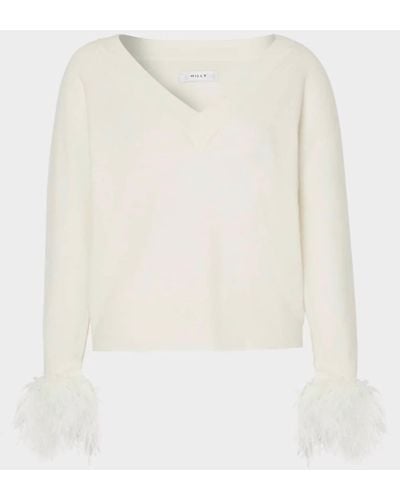 MILLY Feather Cuff V-neck Sweater - White
